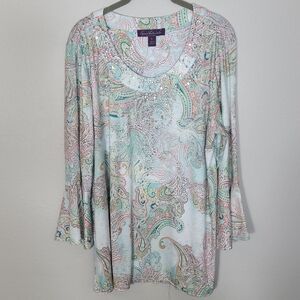 Y2K Gloria Vanderbilt Paisley Bell Sleeve Tunic Top Size L Artsy Goth Grunge